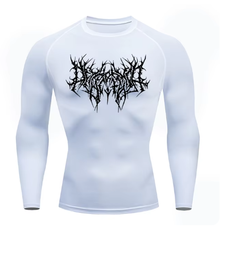 men's DryTight training gym shirt featuring a unique red graphic design on a white background.
