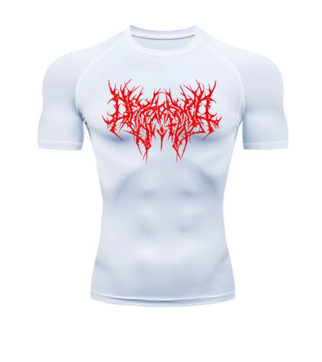 men's DryTight training gym shirt featuring a unique red graphic design on a white background.