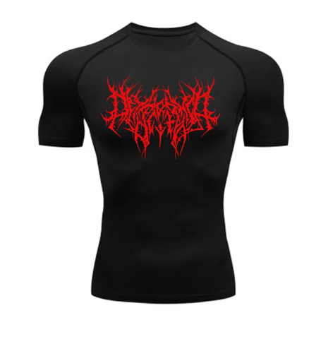 men's DryTight training gym shirt featuring a unique red graphic design on a white background.