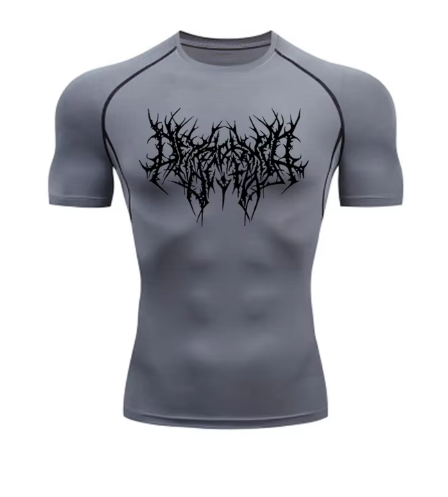 men's DryTight training gym shirt featuring a unique red graphic design on a white background.