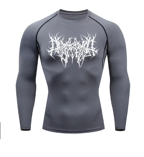men's DryTight training gym shirt featuring a unique red graphic design on a white background.