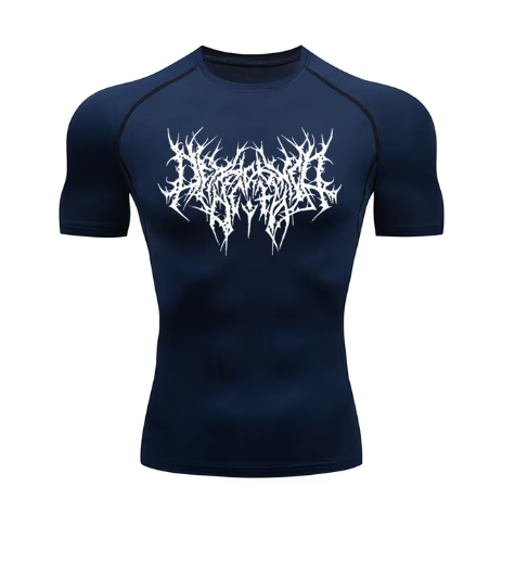 men's DryTight training gym shirt featuring a unique red graphic design on a white background.
