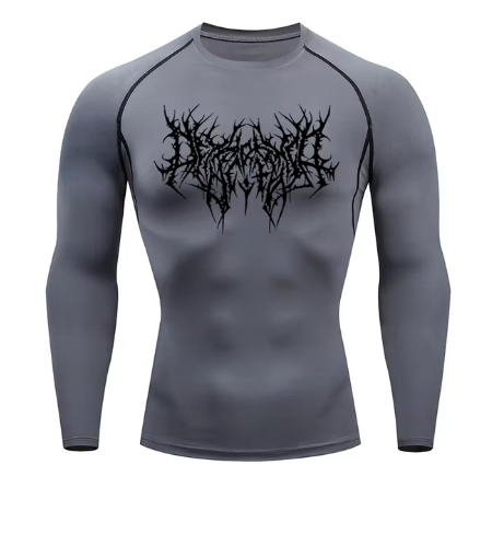 men's DryTight training gym shirt featuring a unique red graphic design on a white background.