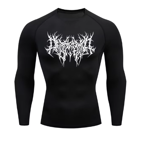 men's DryTight training gym shirt featuring a unique red graphic design on a white background.