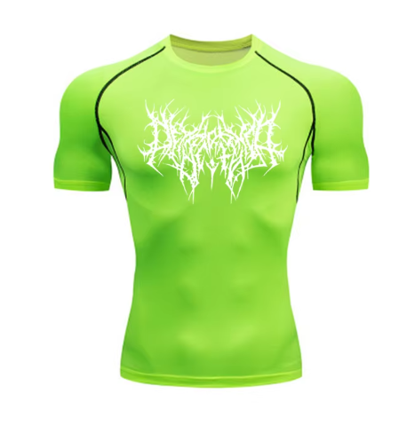 men's DryTight training gym shirt featuring a unique red graphic design on a white background.