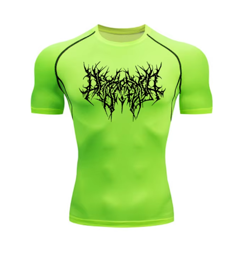 men's DryTight training gym shirt featuring a unique red graphic design on a white background.