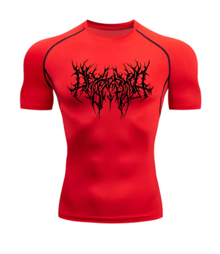 men's DryTight training gym shirt featuring a unique red graphic design on a white background.