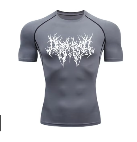 men's DryTight training gym shirt featuring a unique red graphic design on a white background.