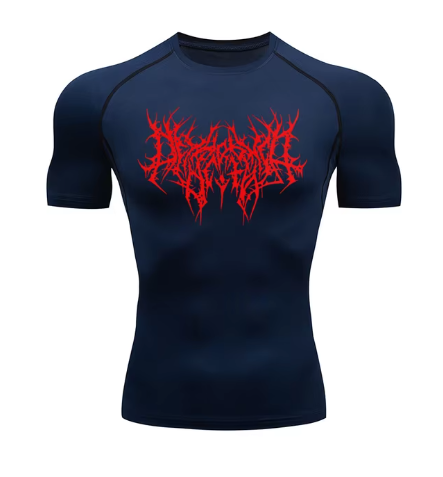 men's DryTight training gym shirt featuring a unique red graphic design on a white background.