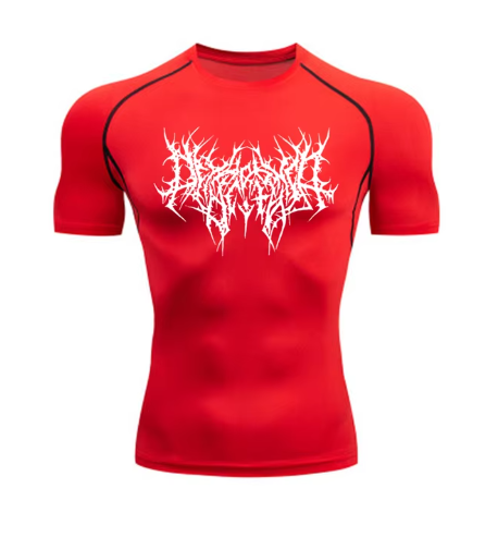 men's DryTight training gym shirt featuring a unique red graphic design on a white background.