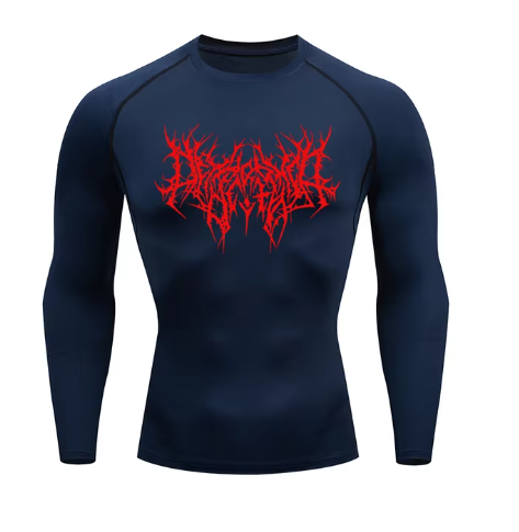 men's DryTight training gym shirt featuring a unique red graphic design on a white background.